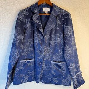 Susan Graver blue floral jacquard blazer jacket with ribbon detailing. Size L